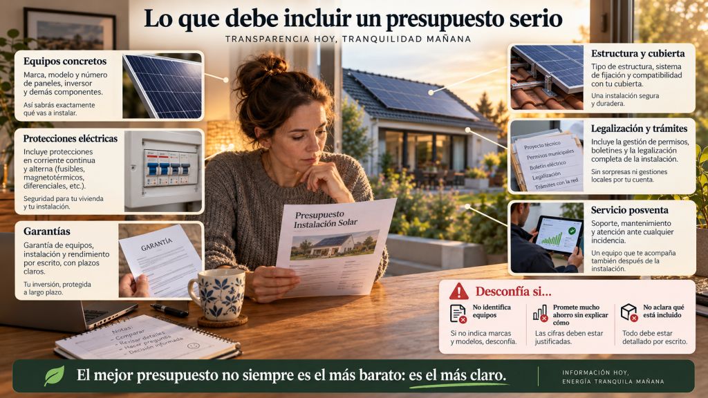 Infografía sobre los elementos que debe detallar un presupuesto solar: equipos, protecciones, garantías, estructura, legalización y servicio posventa.