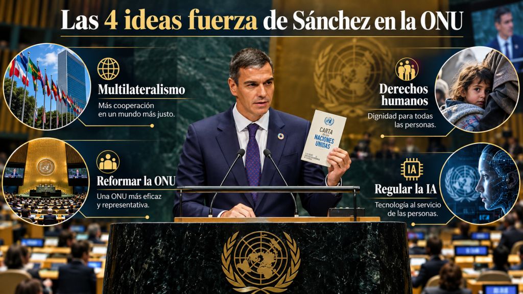 Las 4 ideas fuerza de Sánchez en la ONU: Pedro Sánchez en la tribuna de Naciones Unidas junto a cuatro ejes de su discurso: multilateralismo, derechos humanos, reforma de la ONU y regulación de la inteligencia artificial.