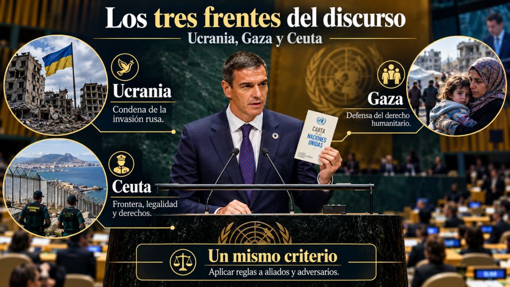 Los tres frentes del discurso: Pedro Sánchez en la Asamblea General junto a referencias visuales a Ucrania, Gaza y Ceuta como ejemplos de aplicación del derecho internacional y los derechos humanos.