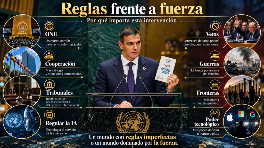 Reglas frente a fuerza: Pedro Sánchez defiende en la ONU un orden internacional basado en cooperación, tribunales y regulación frente a vetos, guerras, fronteras y concentración de poder tecnológico.
