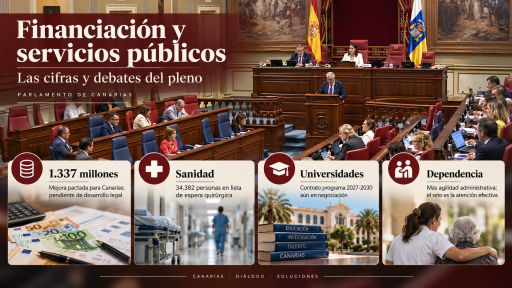 Financiación y servicios públicos: Infografía sobre financiación autonómica y servicios públicos en Canarias, con referencias a sanidad, universidades, dependencia y los 1.337 millones previstos.