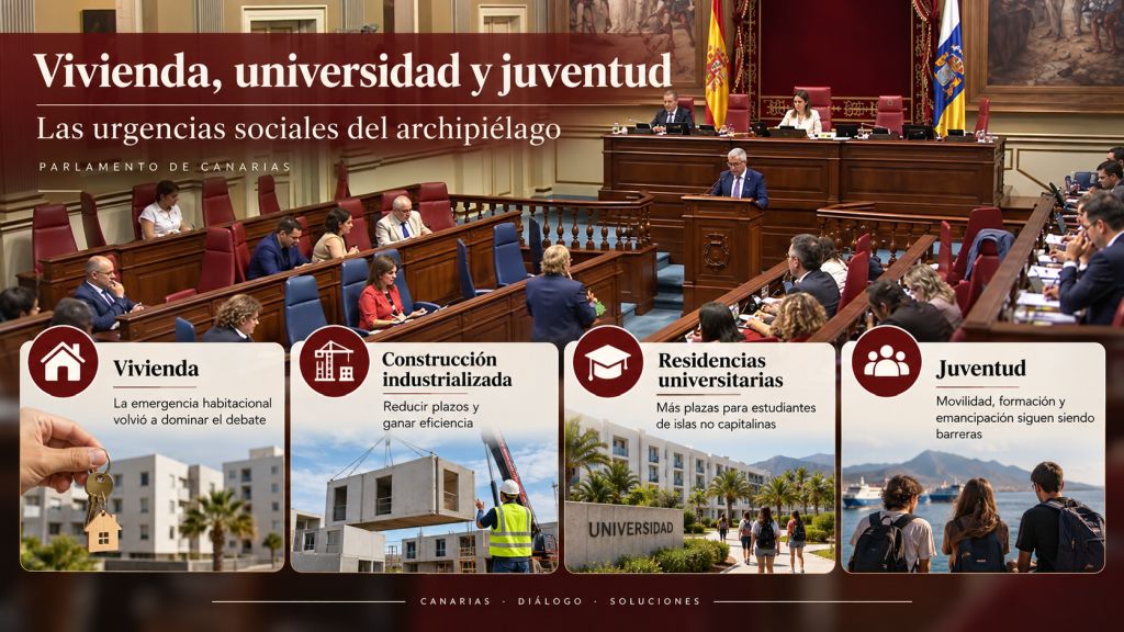 Vivienda, universidad y juventud: Infografía sobre vivienda, construcción industrializada, residencias universitarias y dificultades de emancipación de los jóvenes en Canarias.