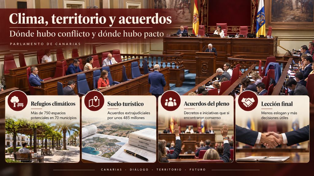 Clima, territorio y acuerdos: Infografía sobre refugios climáticos, suelo turístico, acuerdos parlamentarios y consensos alcanzados en el pleno del Parlamento de Canarias.