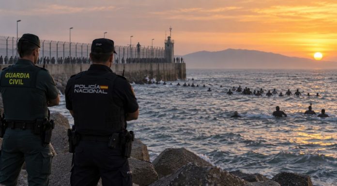 Debate sobre Ceuta: del eslogan a la decisión Agentes de la Guardia Civil y la Policía Nacional observan desde la costa a numerosas personas que intentan llegar a Ceuta por el mar durante una situación de frontera desbordada.