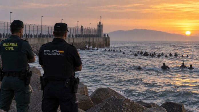 Agentes de la Guardia Civil y la Policía Nacional observan desde la costa a numerosas personas que intentan llegar a Ceuta por el mar durante una situación de frontera desbordada.