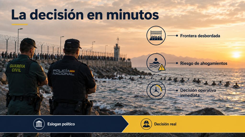 “La decisión en minutos”: Guardia Civil y Policía Nacional frente al espigón de Ceuta mientras decenas de personas avanzan por el agua, ilustrando el dilema entre control fronterizo, riesgo de ahogamientos y decisión operativa inmediata.