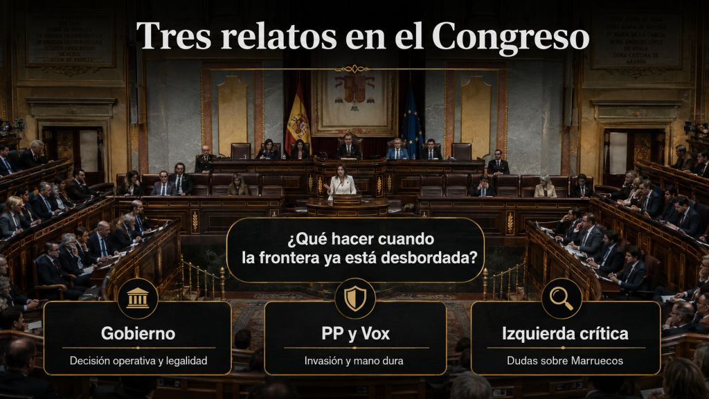 “Tres relatos en el Congreso”: Hemiciclo del Congreso durante el debate sobre Ceuta, con tres enfoques políticos diferenciados: gestión y legalidad del Gobierno, discurso de invasión y mano dura de PP y Vox, y críticas de la izquierda sobre Marruecos.