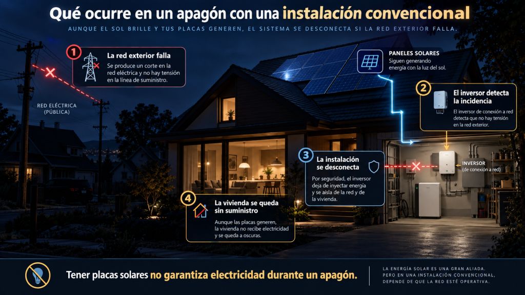 Infografía sobre una instalación solar convencional que se desconecta cuando falla la red eléctrica, aunque los paneles sigan recibiendo luz solar.