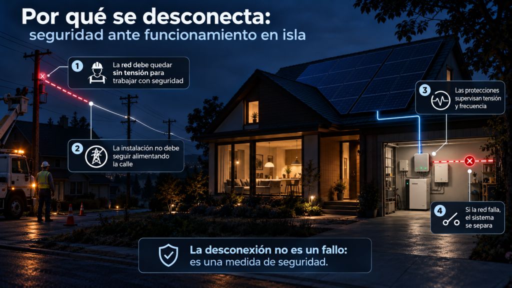 Infografía que explica por qué una instalación fotovoltaica debe desconectarse de la red durante un apagón para evitar un funcionamiento en isla inseguro.