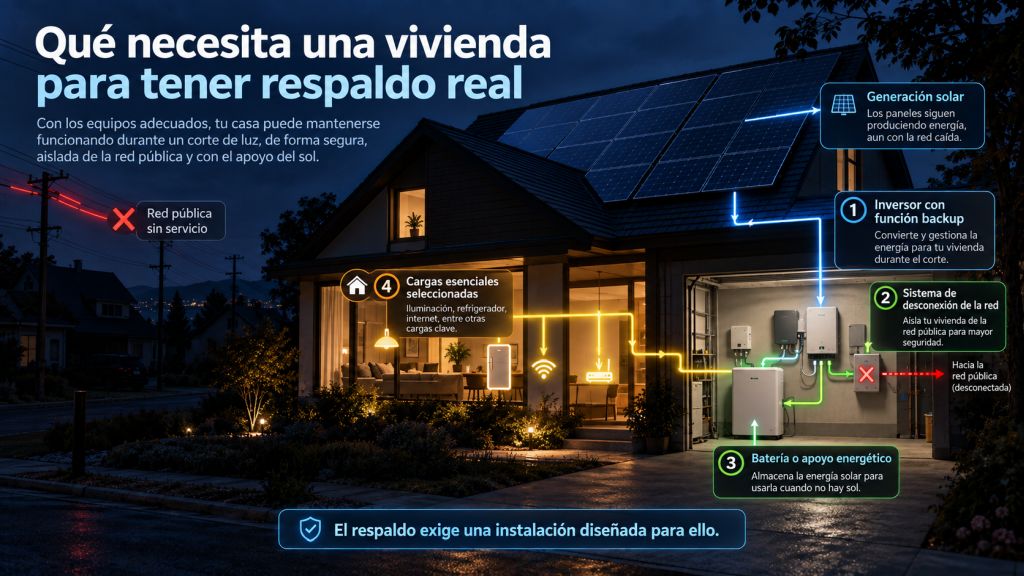Infografía sobre los elementos necesarios para mantener suministro durante un apagón: inversor con respaldo, desconexión de red, batería y cargas esenciales.