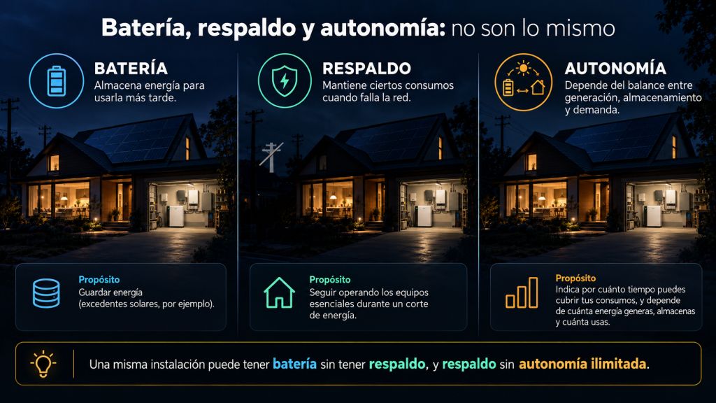 Comparación entre batería, respaldo eléctrico y autonomía para mostrar que son conceptos distintos dentro de una instalación de autoconsumo solar.