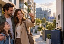 Reglamento europeo de vivienda: qué propone Bruselas Familia mostrando las llaves de una nueva vivienda en un entorno residencial europeo, junto a una maleta que simboliza el alquiler turístico.