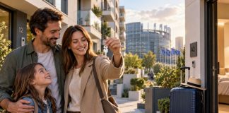 Familia mostrando las llaves de una nueva vivienda en un entorno residencial europeo, junto a una maleta que simboliza el alquiler turístico.