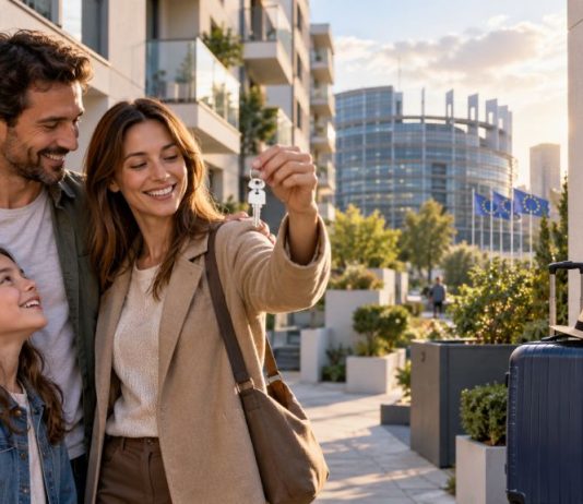 Reglamento europeo de vivienda: qué propone Bruselas Familia mostrando las llaves de una nueva vivienda en un entorno residencial europeo, junto a una maleta que simboliza el alquiler turístico.