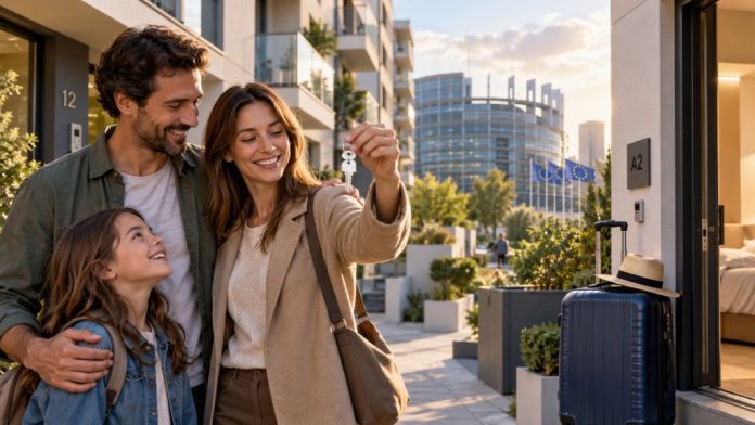 Familia mostrando las llaves de una nueva vivienda en un entorno residencial europeo, junto a una maleta que simboliza el alquiler turístico.
