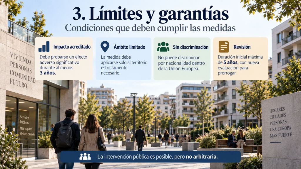 Límites y garantías: Infografía sobre las garantías exigidas por el Reglamento europeo de vivienda: impacto acreditado, ámbito limitado, no discriminación y revisión periódica.
