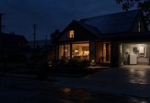 Placas solares durante un apagón: qué ocurre realmente Vivienda con paneles solares iluminada durante un apagón, mientras la red eléctrica exterior permanece sin servicio.