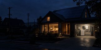 Placas solares durante un apagón: qué ocurre realmente Vivienda con paneles solares iluminada durante un apagón, mientras la red eléctrica exterior permanece sin servicio.