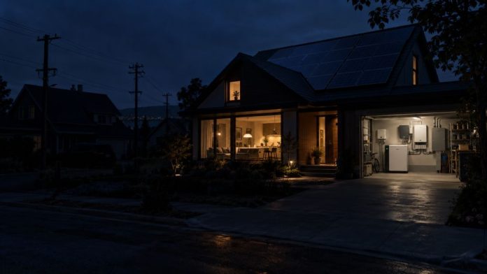 Vivienda con paneles solares iluminada durante un apagón, mientras la red eléctrica exterior permanece sin servicio.
