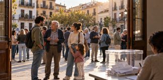 Adelanto electoral: vivienda y oportunidad progresista Urna electoral en primer plano y vecinos conversando en una plaza, representación de un posible adelanto electoral con la vivienda en el centro del debate.