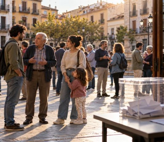 Adelanto electoral: vivienda y oportunidad progresista Urna electoral en primer plano y vecinos conversando en una plaza, representación de un posible adelanto electoral con la vivienda en el centro del debate.