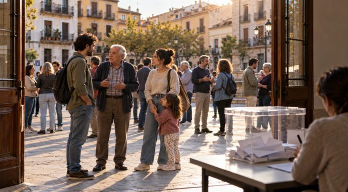Adelanto electoral: vivienda y oportunidad progresista Urna electoral en primer plano y vecinos conversando en una plaza, representación de un posible adelanto electoral con la vivienda en el centro del debate.
