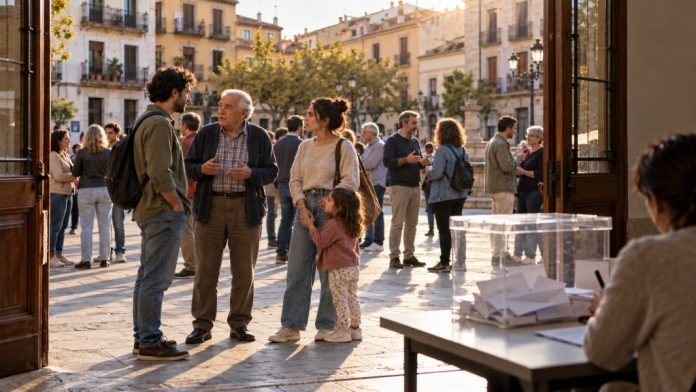 Ade 1 Urna electoral en primer plano y vecinos conversando en una plaza, representación de un posible adelanto electoral con la vivienda en el centro del debate.
