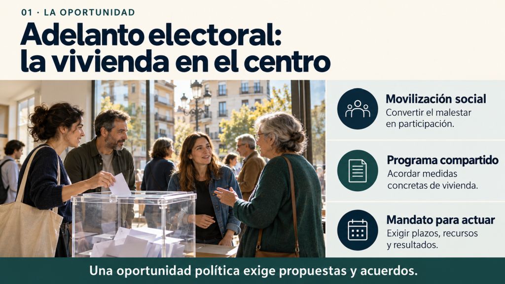 Adelanto electoral y vivienda: una urna y ciudadanos ilustran la movilización social, un programa compartido y un mandato para actuar con plazos, recursos y resultados.