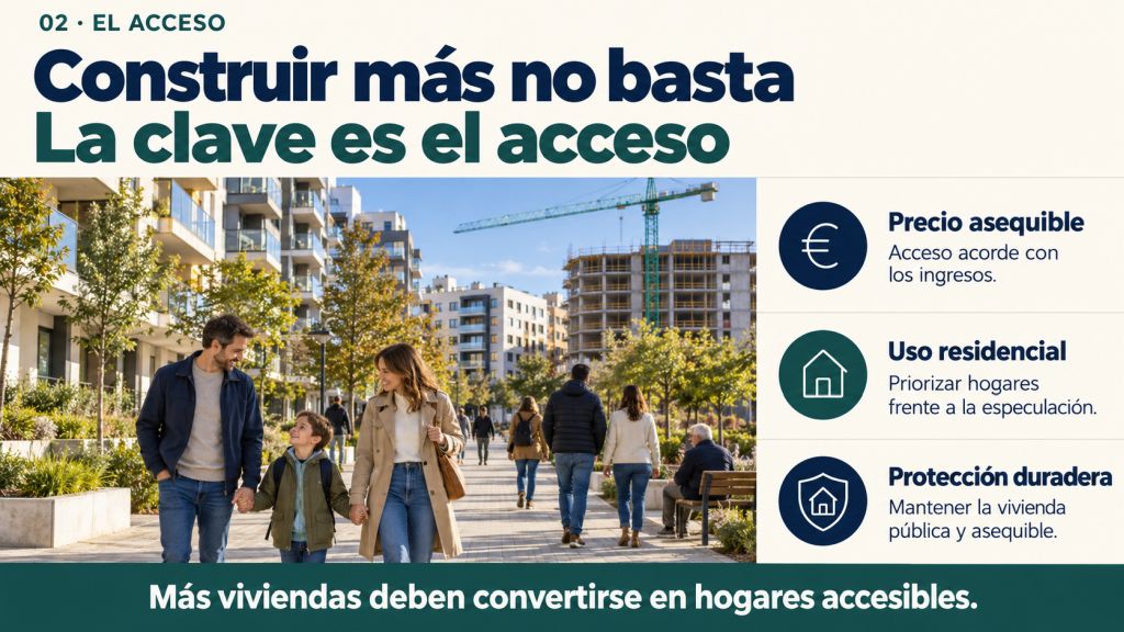 Familia en un barrio con viviendas en construcción. Construir más requiere precios asequibles, uso residencial frente a la especulación y protección duradera de la vivienda pública.