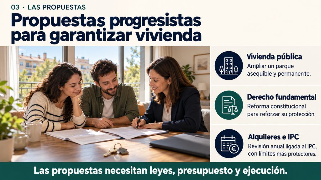 Personas revisando un contrato de alquiler. Propuestas de vivienda pública permanente, reforma constitucional para reconocer la vivienda como derecho fundamental y revisión anual del alquiler ligada al IPC, conservando límites más protectores.
