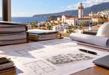 Licencias en Candelaria: cómo reducir los plazos Mesa de trabajo con planos, expedientes de licencias urbanísticas y vista de Candelaria al fondo.