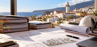 Licencias en Candelaria: cómo reducir los plazos Mesa de trabajo con planos, expedientes de licencias urbanísticas y vista de Candelaria al fondo.