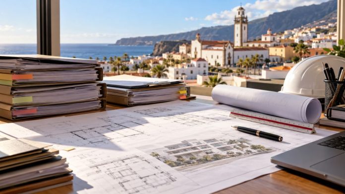 Audi 1 Mesa de trabajo con planos, expedientes de licencias urbanísticas y vista de Candelaria al fondo.
