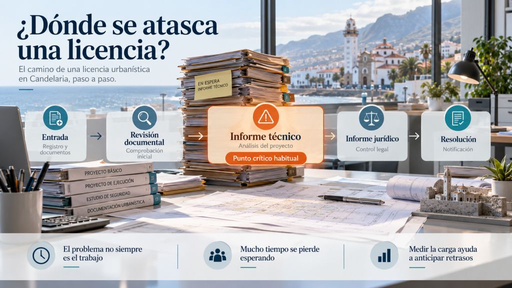 ¿Dónde se atasca una licencia?: Flujo de una licencia urbanística desde el registro hasta la resolución, destacando el informe técnico como punto habitual de acumulación.