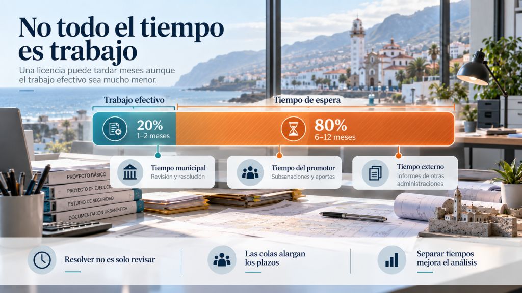 No todo el tiempo es trabajo: Comparación entre el tiempo efectivo de trabajo y los periodos de espera de una licencia, separados entre Ayuntamiento, promotor y otras administraciones.
