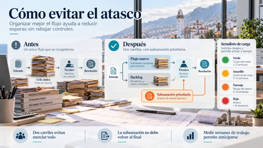 Cómo evitar el atasco: Comparación entre un sistema de licencias con una sola cola y otro con flujo nuevo, backlog separado, subsanaciones prioritarias y semáforo de carga.
