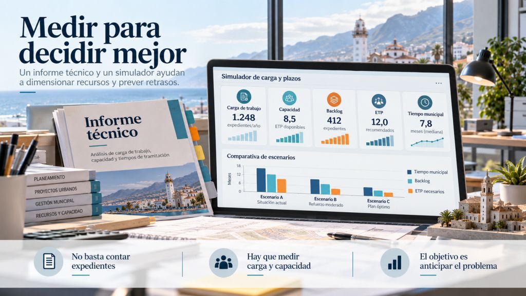 Medir para decidir mejor: Informe técnico y simulador de licencias mostrando carga de trabajo, capacidad, backlog, recursos necesarios y comparación de escenarios.