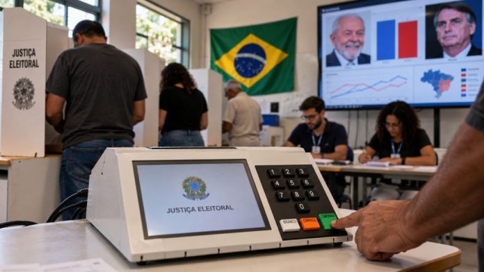 Recreación de un colegio electoral de Brasil con una urna electrónica en primer plano, ciudadanos votando y una pantalla con gráficos de encuestas presidenciales.