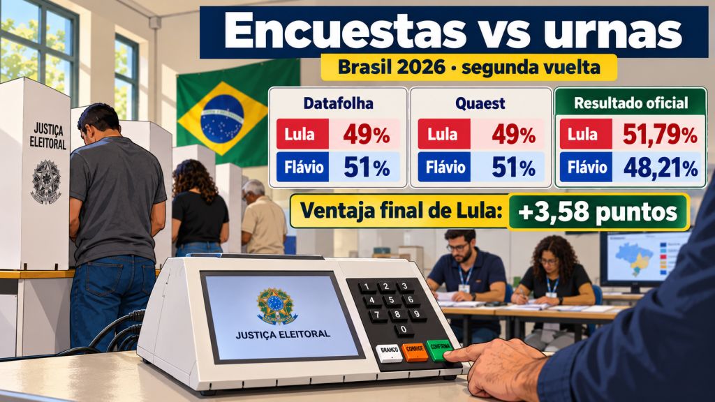 Comparación visual de las encuestas Datafolha y Quaest, que situaban a Lula en el 49 %, con el resultado electoral de Brasil, donde obtuvo el 51,79 % de los votos.