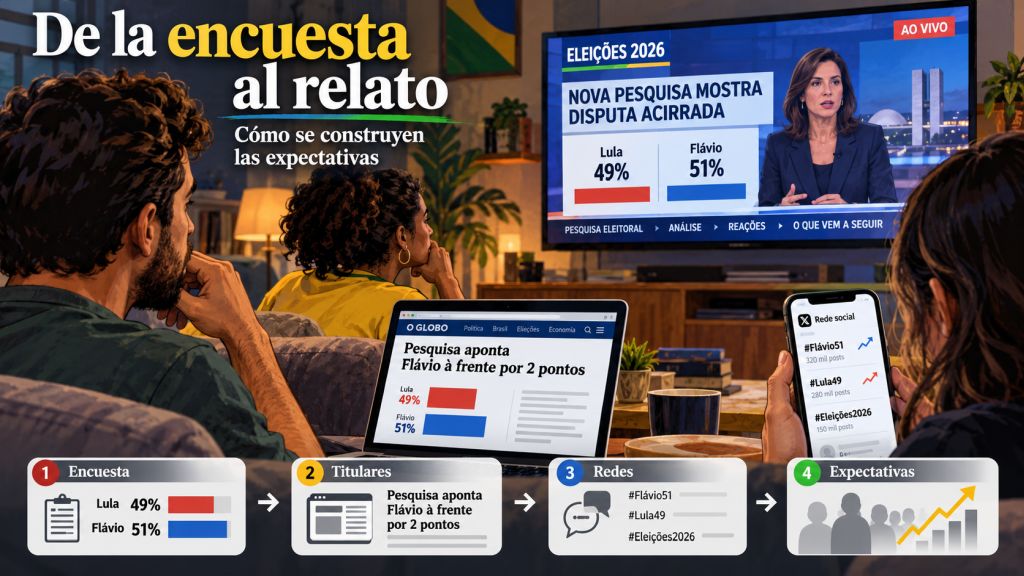 Recreación de ciudadanos brasileños siguiendo encuestas electorales por televisión, prensa digital y redes sociales, mostrando cómo se construyen las expectativas de victoria.