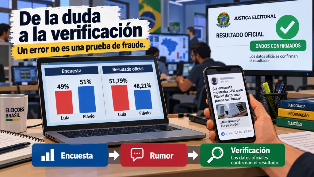 Recreación de una redacción con gráficos electorales, mensajes de sospecha de fraude en un móvil y datos oficiales que permiten contrastar las encuestas con el escrutinio.