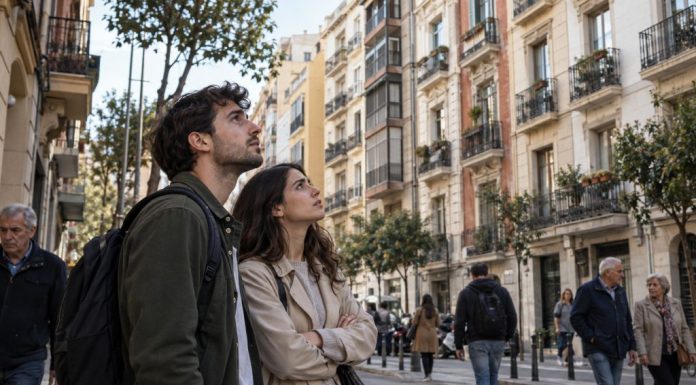 Barómetro de vivienda 2026: consensos y desigualdades Una pareja joven contempla los edificios de viviendas de una ciudad española, mientras personas de distintas generaciones transitan por la calle, reflejando la preocupación social por el acceso a la vivienda.