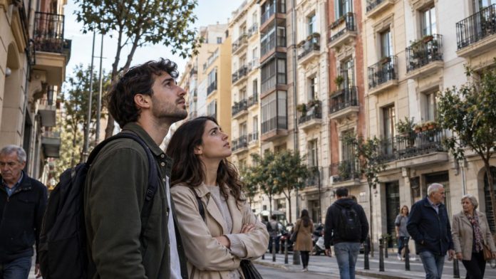 Una pareja joven contempla los edificios de viviendas de una ciudad española, mientras personas de distintas generaciones transitan por la calle, reflejando la preocupación social por el acceso a la vivienda.