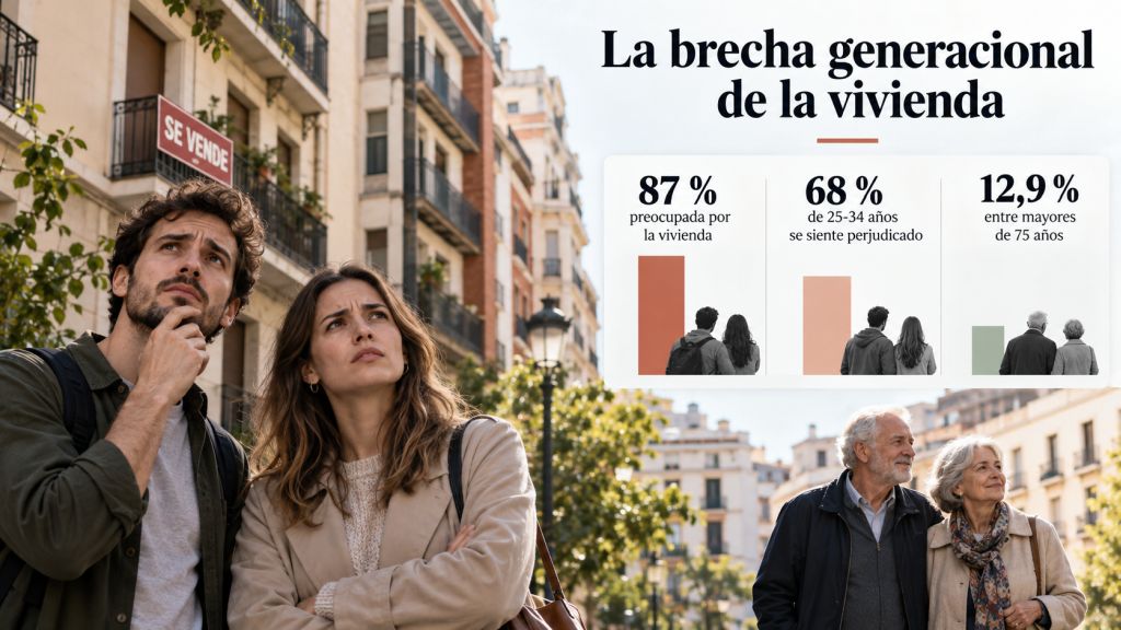 Infografía del CIS 2026 que muestra cómo la crisis de vivienda perjudica al 68 % de las personas de 25 a 34 años, frente al 12,9 % de los mayores de 75 años, junto a una pareja joven preocupada.
