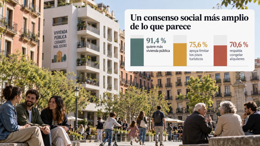 Infografía sobre el consenso social en materia de vivienda: el 91,4 % apoya construir más vivienda pública, el 75,6 % limitar los pisos turísticos y el 70,6 % congelar los alquileres.