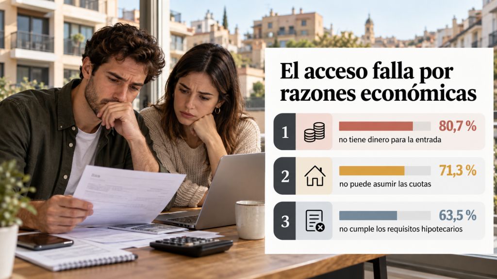Una pareja joven revisa sus cuentas junto a una infografía del CIS que señala los principales obstáculos para comprar vivienda: falta de ahorro para la entrada (80,7 %), ingresos insuficientes (71,3 %) y dificultades hipotecarias (63,5 %).