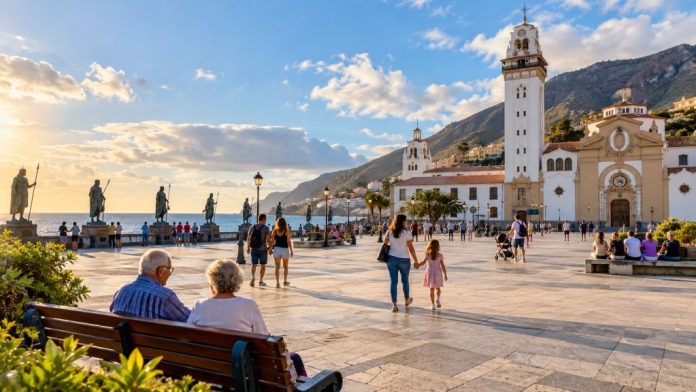 Can 1 Vista de la plaza de la Patrona de Canarias, en Candelaria, con vecinos y familias compartiendo el espacio público frente a la basílica, como símbolo de convivencia ciudadana.