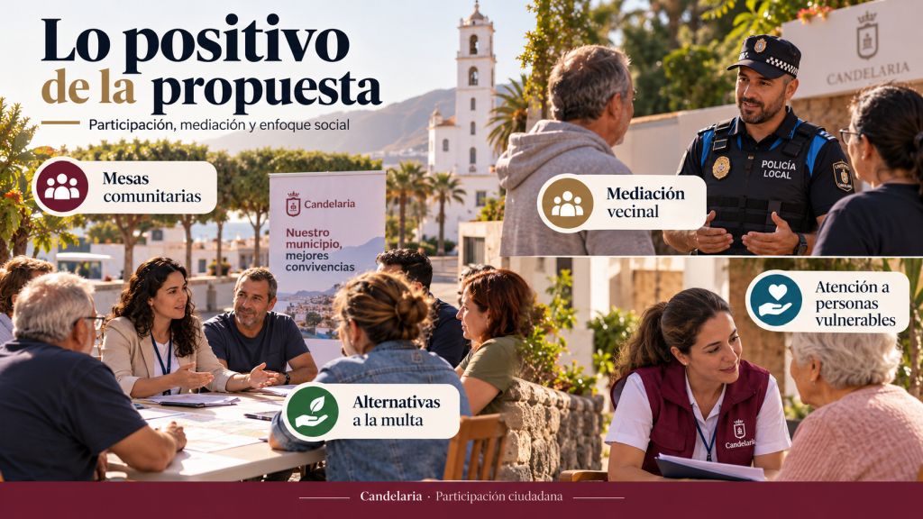 Infografía que muestra los aspectos positivos de la ordenanza de Candelaria mediante escenas de participación ciudadana, mediación vecinal y atención social, destacando las Mesas Comunitarias y las alternativas educativas a las multas.