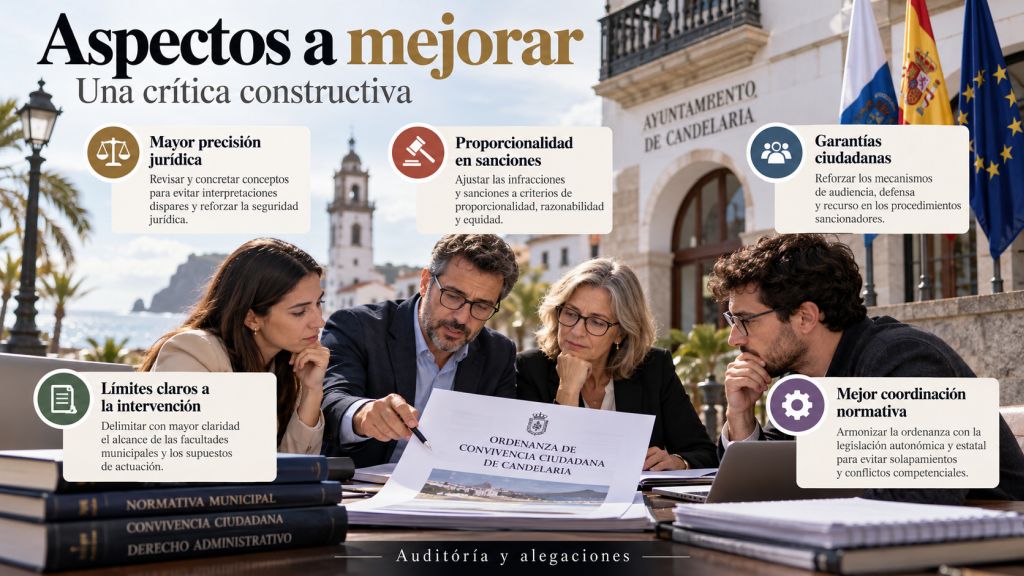 Infografía con varias personas examinando la ordenanza de convivencia de Candelaria y cinco propuestas de mejora: precisión jurídica, proporcionalidad de las sanciones, garantías ciudadanas, límites de intervención y coordinación normativa.