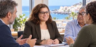 Mari Brito al Congreso: una voz municipalista para Canarias Mari Brito conversa con vecinos alrededor de una mesa, con un paisaje costero canario al fondo, en una escena recreada de diálogo municipal.